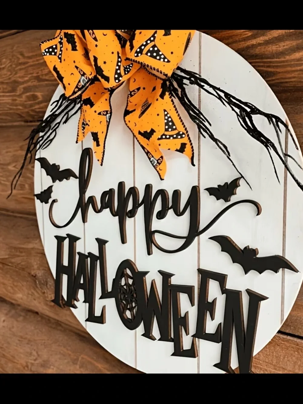 Spooktacular Happy Halloween Round Door Sign with Orange Bat Bow 🦇